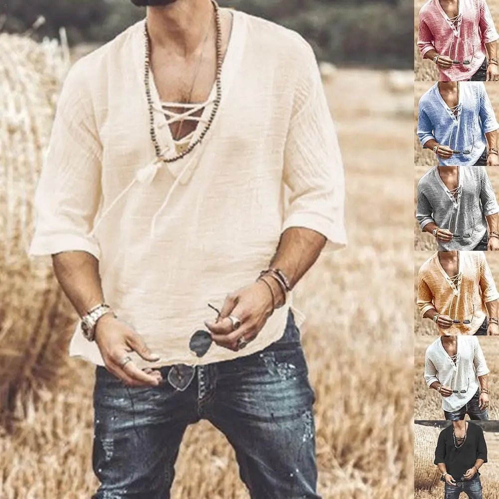 

Мужская рубашка со средними рукавами, футболка с нагрудным галстуком, модная однотонная свободная пикантная мужская рубашка