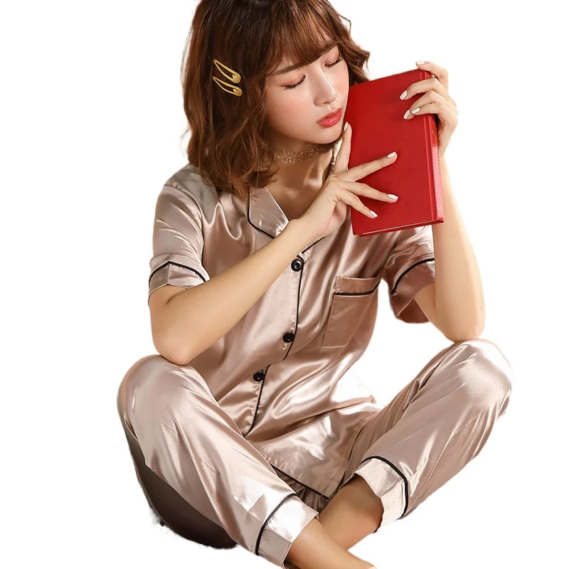 Шелковая пижама с коротким рукавом весна лето шелковая комплекты одежда для сна