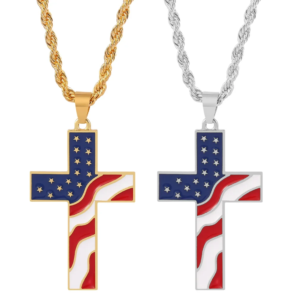 

Fahion Twist Chain Flag Cross Pendant Necklaces For USA Customers Gifts 2 Colors