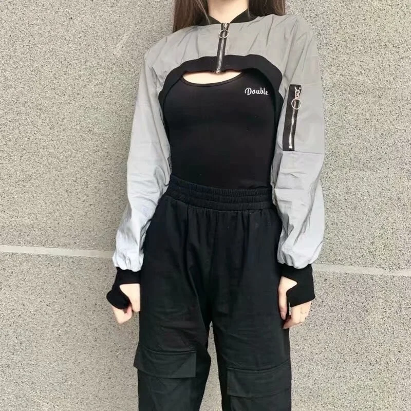European American Style Short Sexy Jackets Hip Hop Sweet Girl Reflective Coat Loose Solid Sports Streetwear Zip Top 2021 New