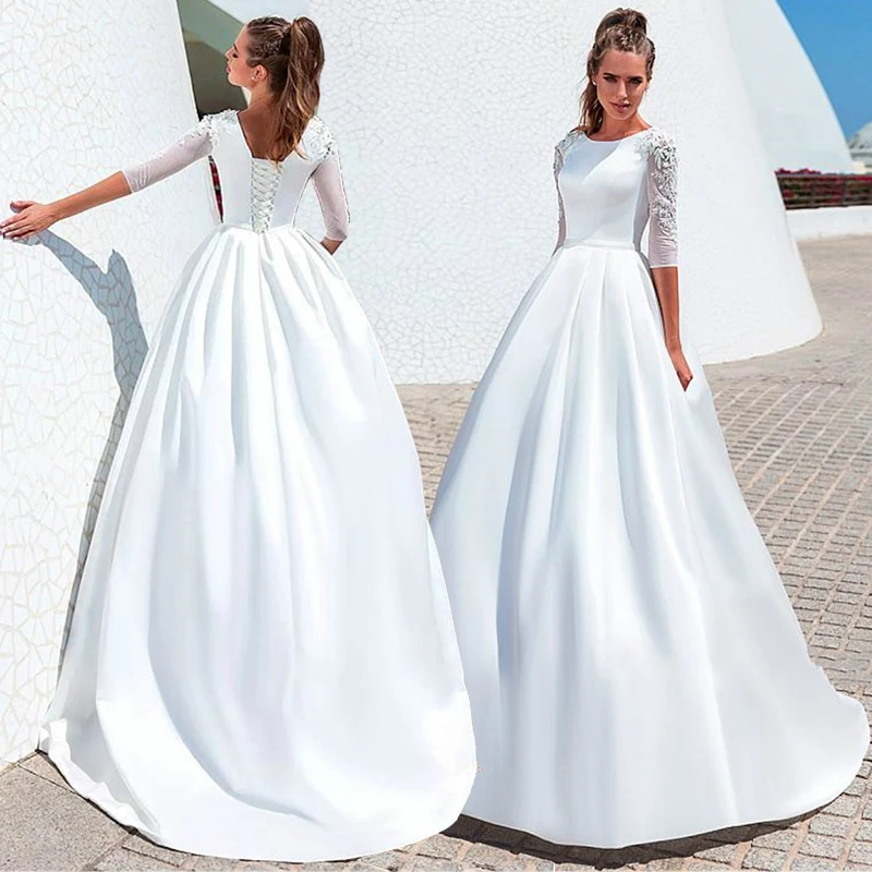 

Wedding Dress O-Neck 3/4 Sleeves Beading Applique Satin A-Line With Pleat Belt Sweep Train Lace-up Bridal Gown Vestido De Noiva