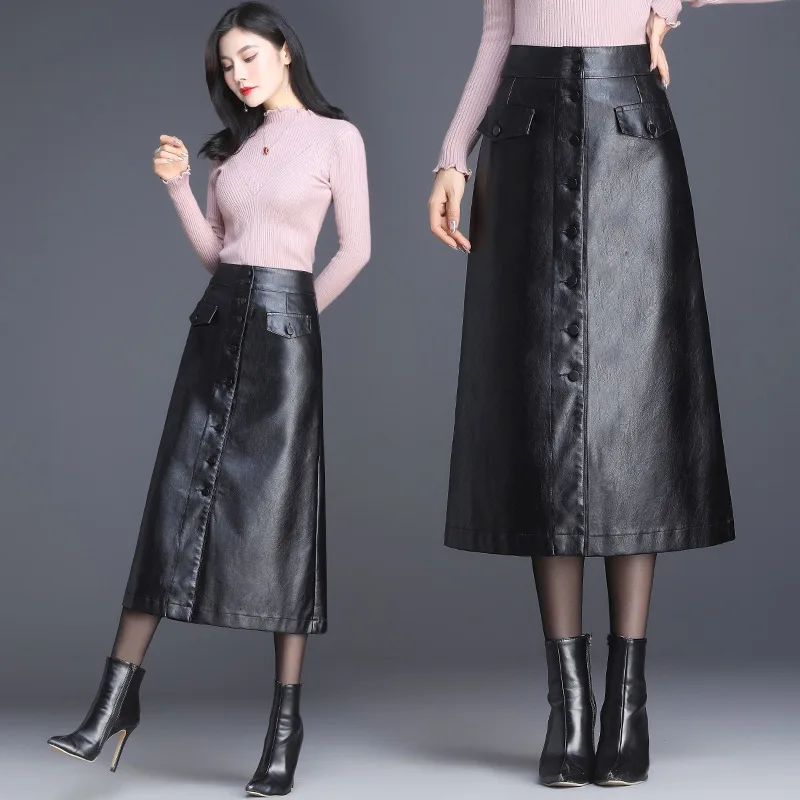 Кожаная юбка Женская осенне-зимняя однобортная с высокой талией облегающая