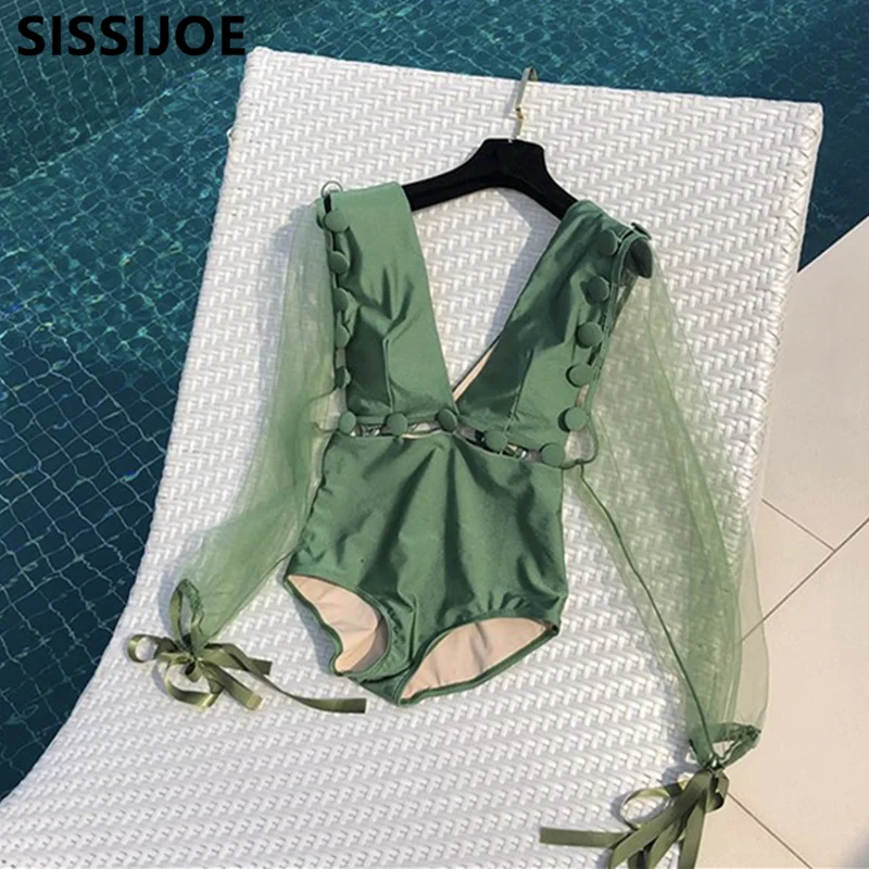 Женский сетчатый слитный купальник привлекательный зеленый с длинными рукавами