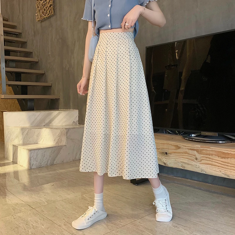 

Summer 2021 New Elegant Gentle Style Polka Dot High Waist Mid-Length Skirt Women's Design Sense A- line Skirt