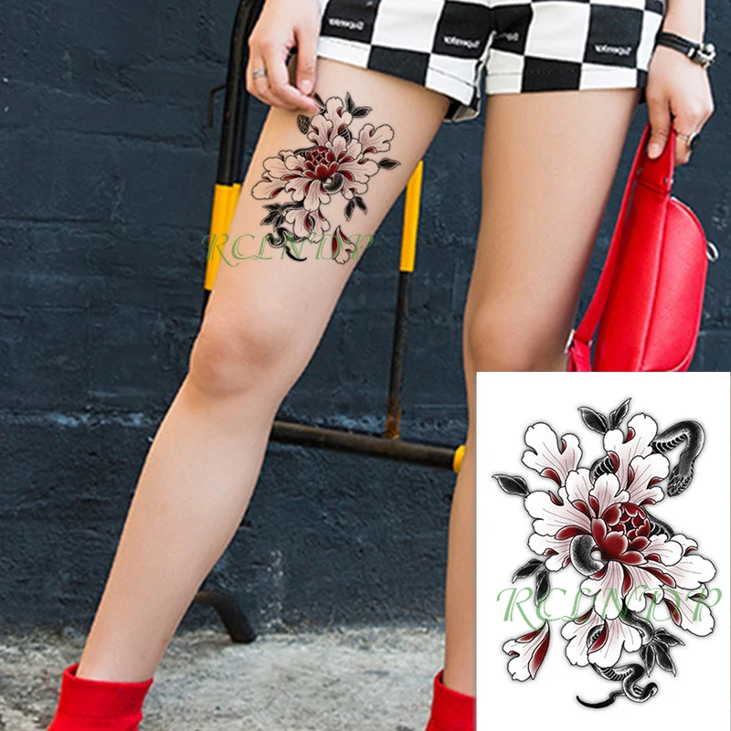 

Водостойкая Временная тату-наклейка, китайский пион, цветок, змея, искусственная тату флэш-тату, большой размер, боди-арт для девочек, женщин...