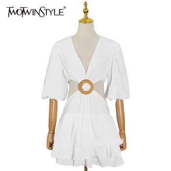 TWOTWINSTYLE White Sexy Dress For Women V Neck Lantern Half Sleeve Hollow Out High Waist Mini Dresses Female Summer New Clothing 1