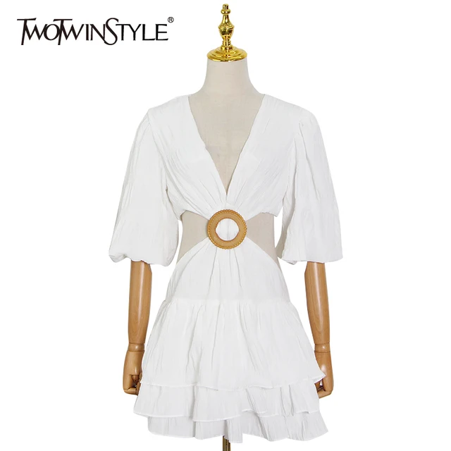 TWOTWINSTYLE White Sexy Dress For Women V Neck Lantern Half Sleeve Hollow Out High Waist Mini Dresses Female Summer New Clothing 1