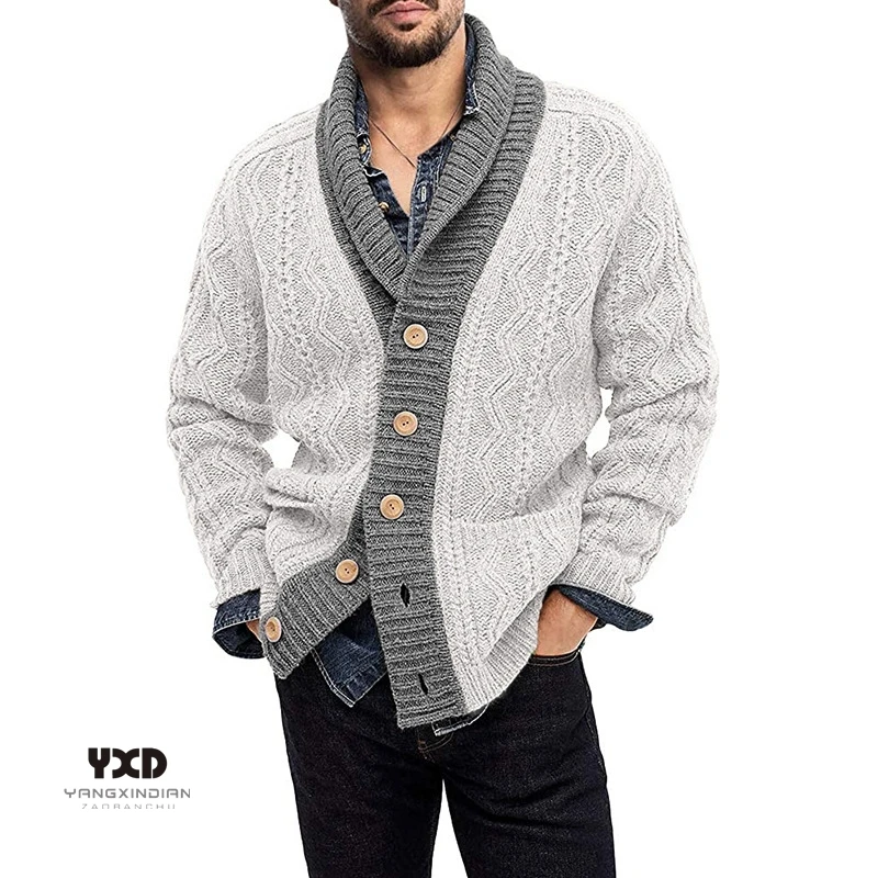 Men's clothes Mans Autum Winter Casual Long Sleeved Sweaters For Men Colorblock Lapel 3D Jacquard Knitted Cardigan Male Knitwear