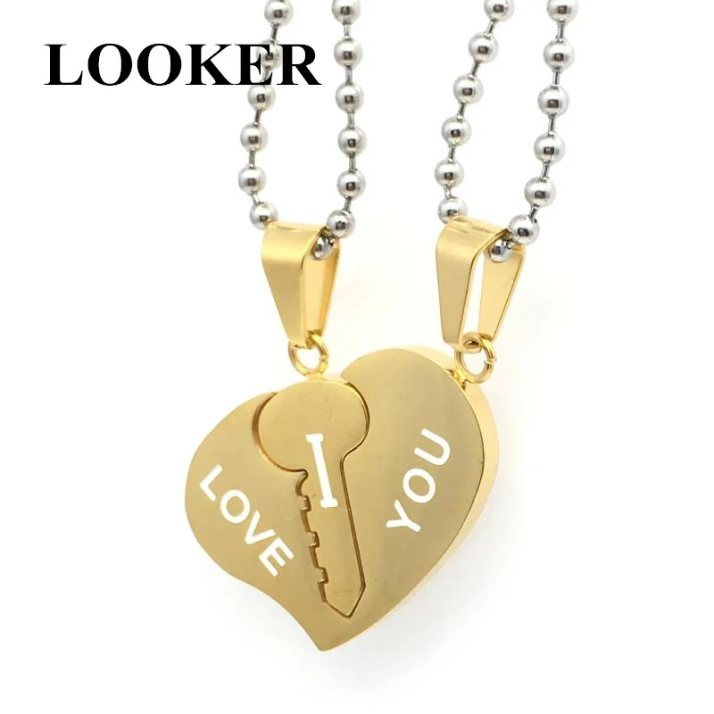 TJP His &amp Hers Matching Chain Stainless Steel &quotI Love You&quot Key Heart Couples Pendant Necklace Set Promise Jewelry| |