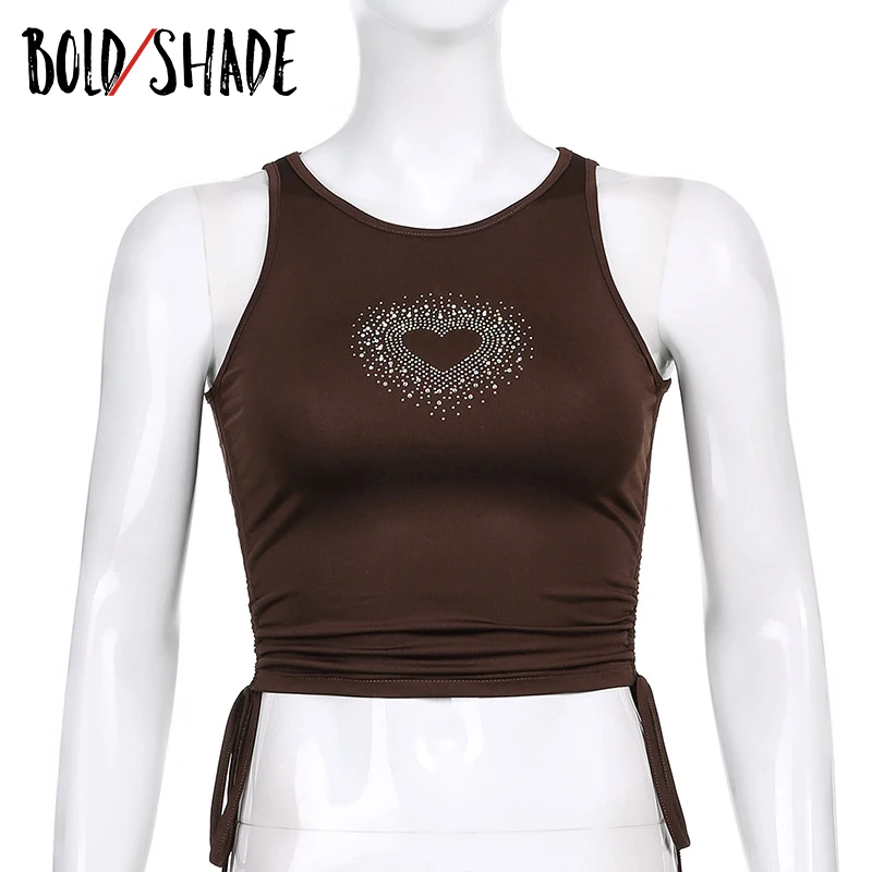 

Bold Shade Indie Vintage 90s Fashion Tanks Heart Rhinestone Drawstring Brown Sexy Vest Women Y2K Hot Corset Top Slim Partywear