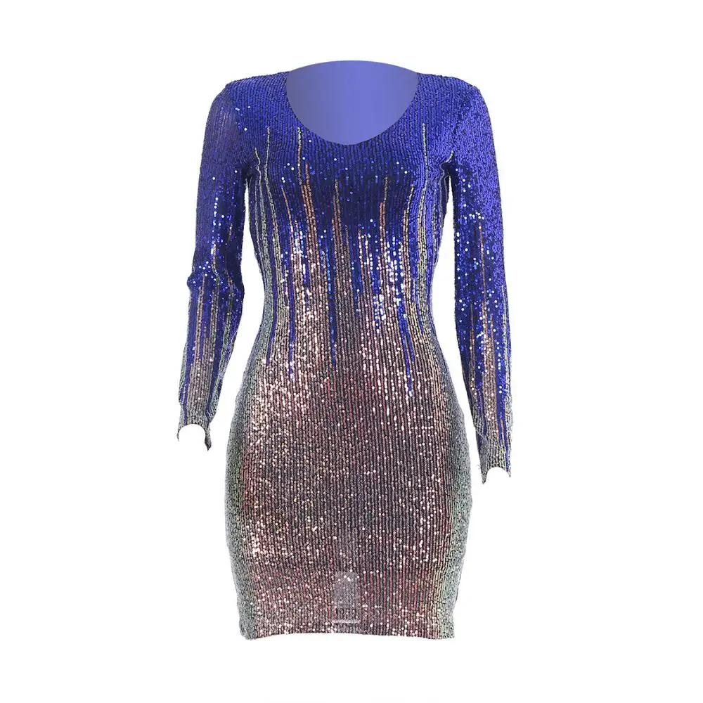 

Women Sexy Night Club Party Long Sleeve V Neck Sequined Mini Dress Autumn/Spring Red/Black Colorblock Elegant Bodycon Dresses