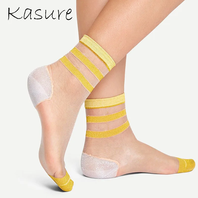 

KASURE New spring Summer Fashion Candy Color Thin Mesh Tulle Ankle Socks With Stripe On Top Transparent Ultrathin Elastic Sock