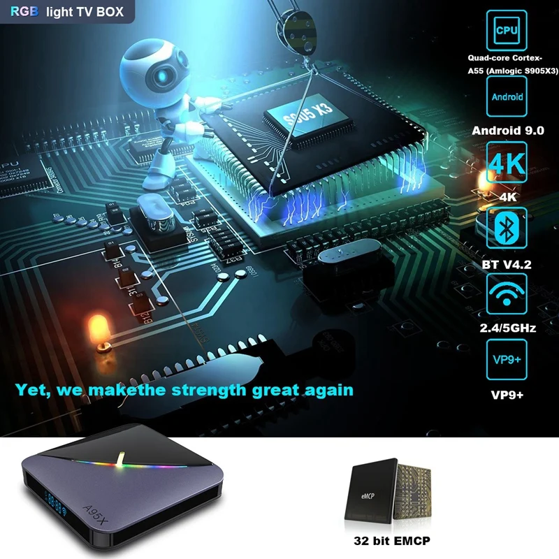 Цветная (RGB) светильник ТВ коробка Android 9 0 A95X F3 4 Гб 64 S905X3 Amlogic Wi-Fi BT Декодер каналов