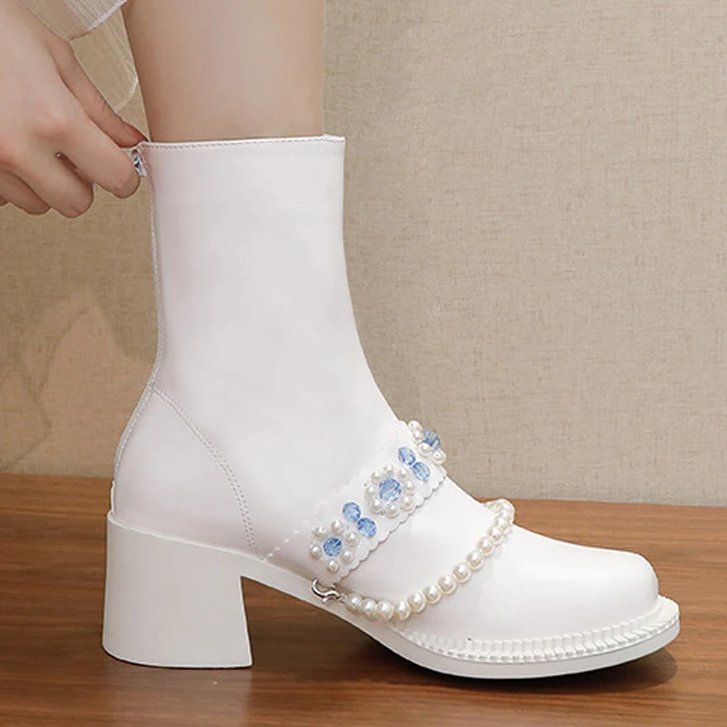 

2022 Luxurious Crystal Flower Women Boots Beaded Women Ankle Boots Thick Heel Short Boots For Martin Boots Big Head Doll Shoes