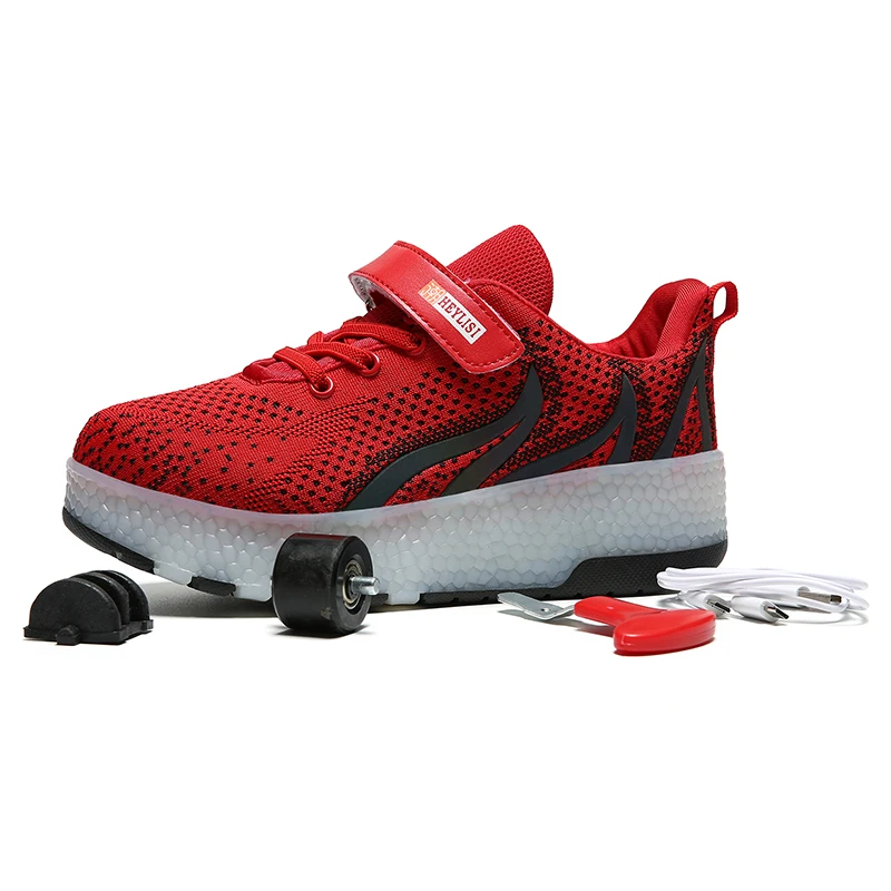 Size 28-40 Kids Roller Sneakers with lights USB Charged LED Shoes Double Wheels Children Boys Girls Luminous Skate | Детская одежда и