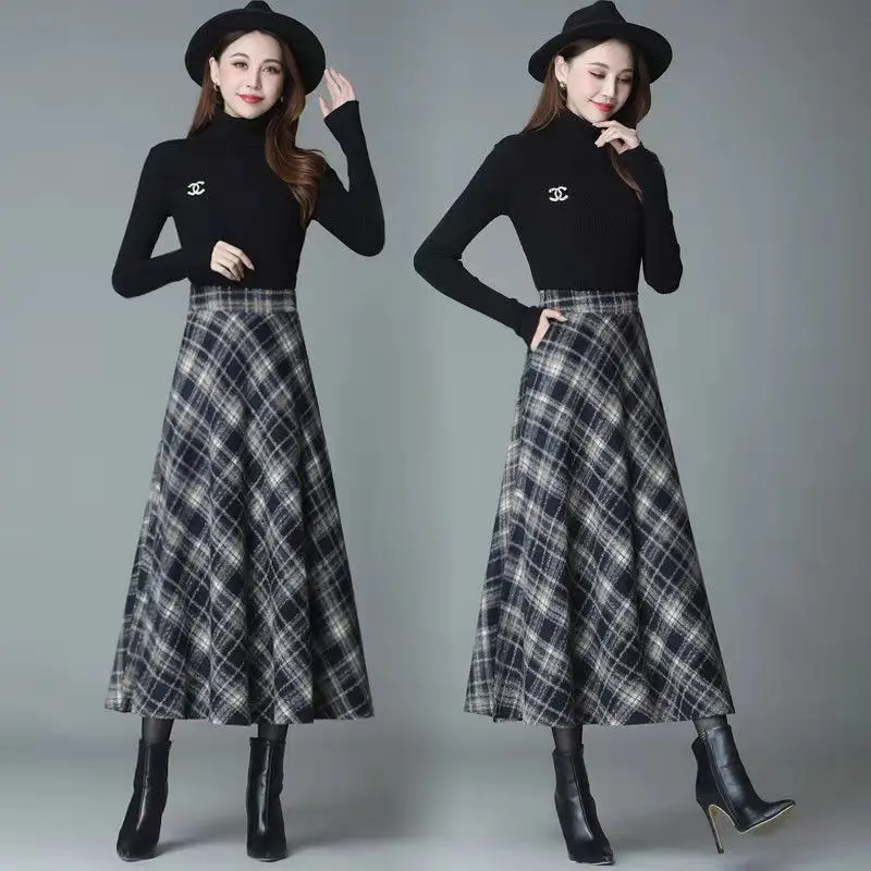 

Winter Women Long Woolen Skirt Fashion High Waist Basic Wool Skirts Female Casual Thick Warm Pocket Plaid Maxi Skirts J123