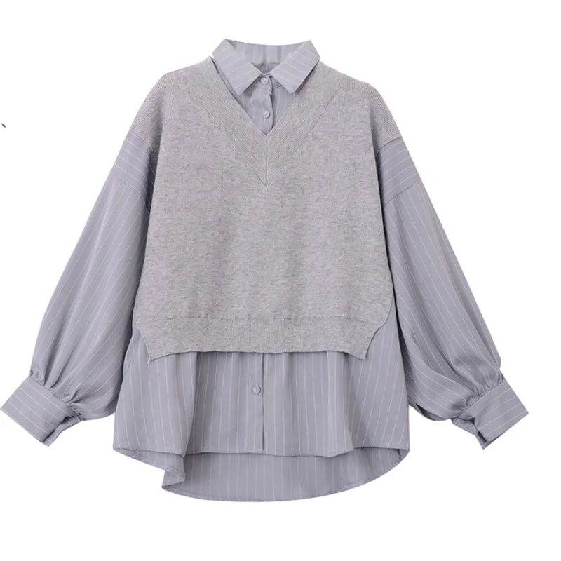 

2021 New Arrival patchwork Striped Stitched Shirt For Women Loose Outer Knitted Top Fashion Spring Causal X644