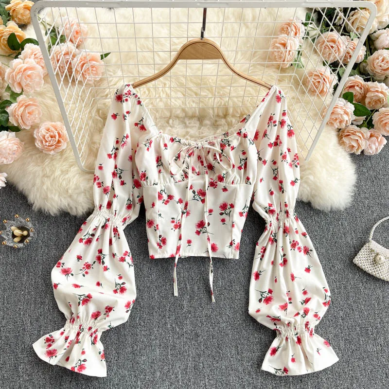 

Women Bohemian Floral Blouse Korean Style Sweet Square Collar Slim Short Tops Spring Elastic Ruched Streetwear Blouses
