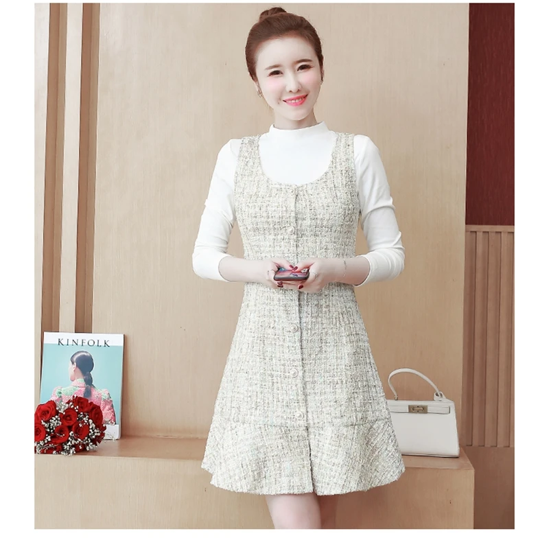 

Small Fragrance Sleeveless Vintage Slim Mini Dress 2021 Autumn Fashion Elegant Tweed Single-Breasted Tank Dress Vestidos