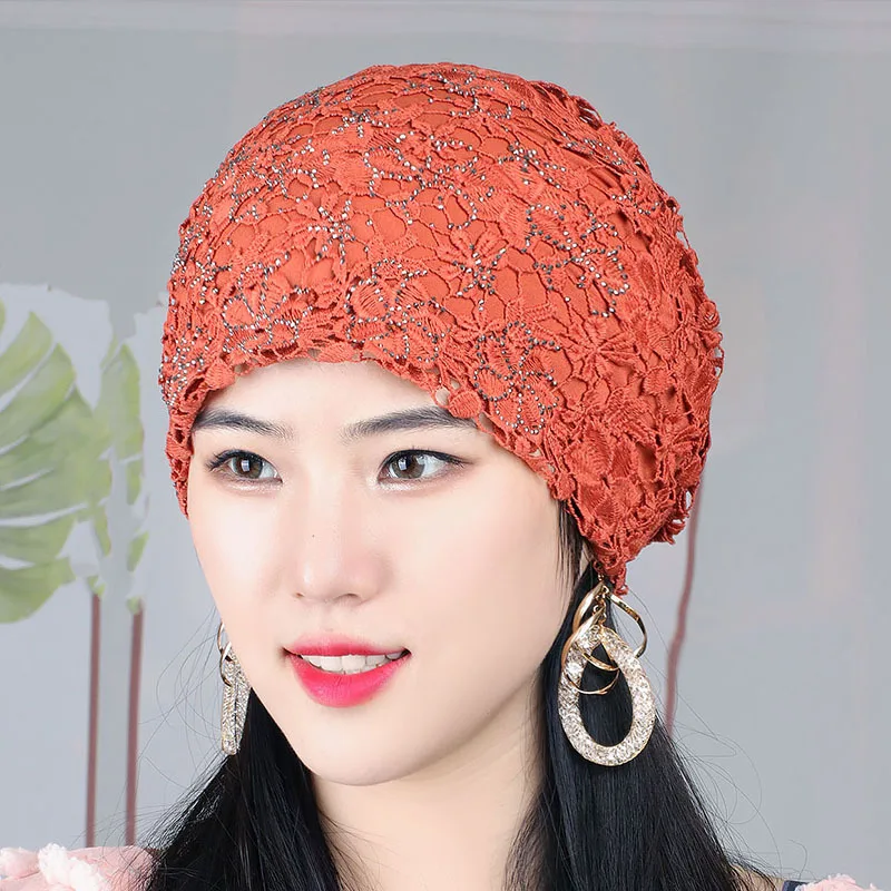 

Breathable Summer Muslim Turban Hat Women Flower Embroidery Lace Hijab Bonnet Ready to Wear Bandana Cap Head Cover Stretchy Hats