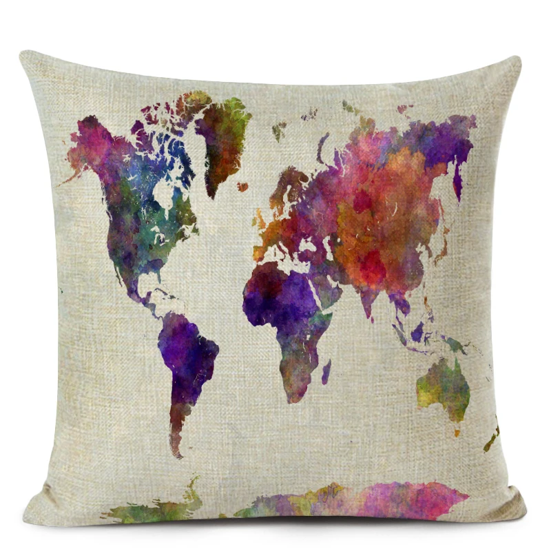 Акварель Винтажный стиль Карта наволочка Мир Подушка с изображением карты мира льняная наволочка для домашнего декора