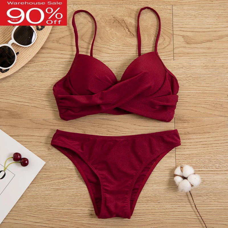 Бикини Mujer пуш ап однотонные темно красные с подкладкой сексуальные комплекты