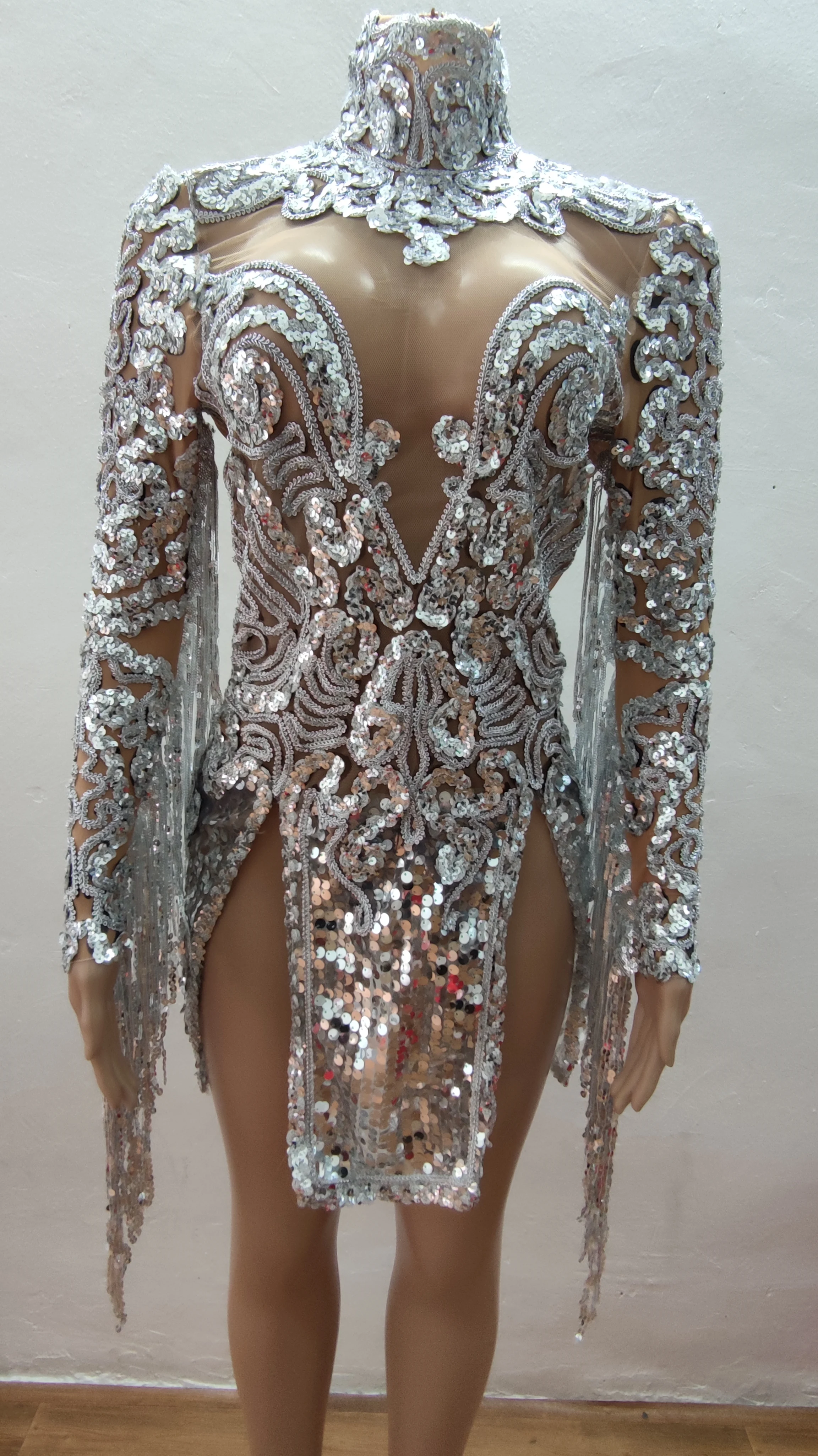 Flashing Silver Sequins Fringes Short Dress Latin Dance Bar Show Transparent Outfit Evening Prom Party High Collar | Тематическая