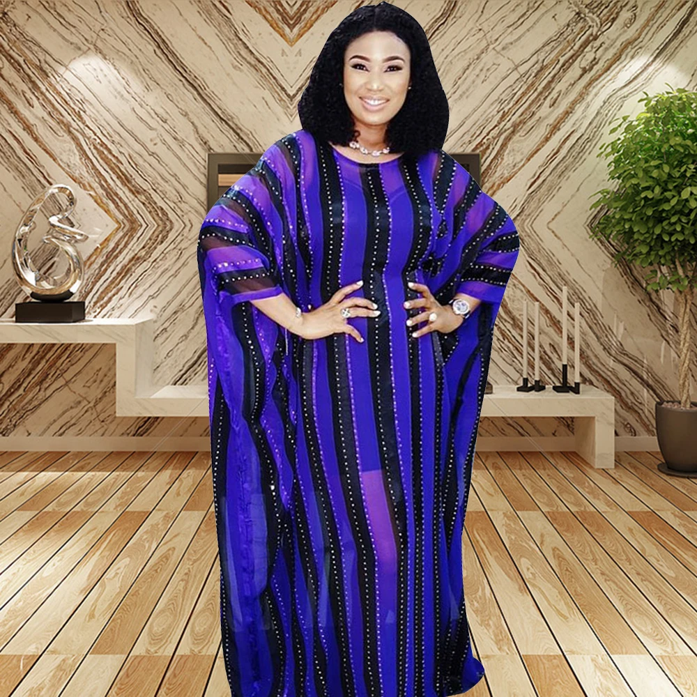 

African Fashion Dresses For Women Stripe Print Soft Ladies Maxi Robe Islamic Clothing Holiday Party Gowns Polyester