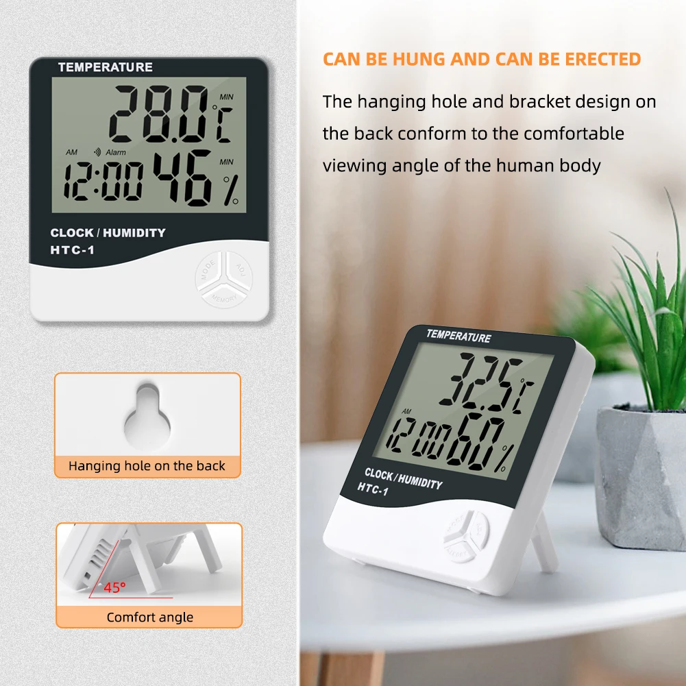 htc 1 indoor thermometer hygrometer meter 10 50°c humidity temperature tester lcd electronic monitor with alarm clock date free global shipping