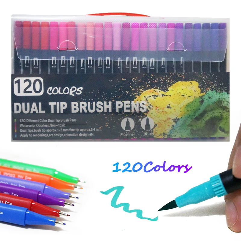 120 Color black 100 шт цветные тонкие кончики, ручки с двумя кончиками, фломастеры, ручки для рисования, акварельные маркеры, школьные принадлежности - Цвет: 120 Color black