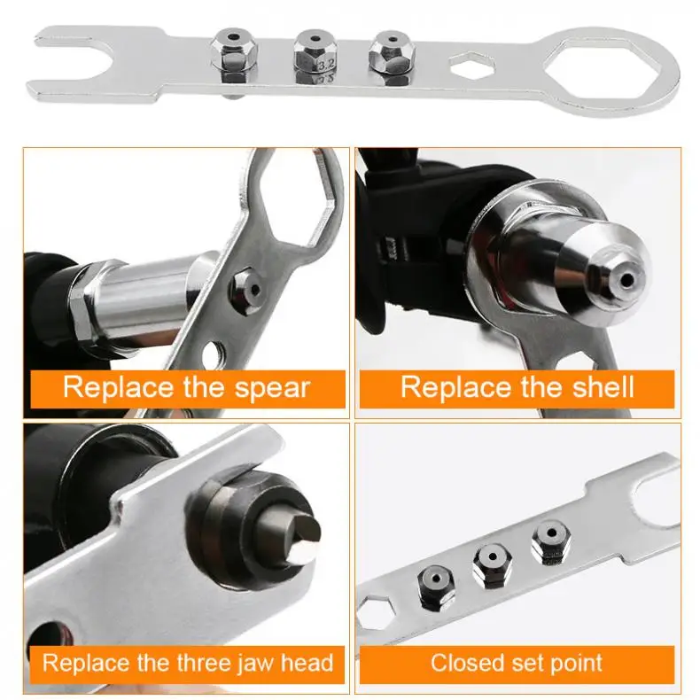 

Black Alloy Steel Durable Electric Riveting Gun Adapter with 2.4 / 3.2 / 4.0 / 4.8mm Diameter Rivet Head and Handle Wrench