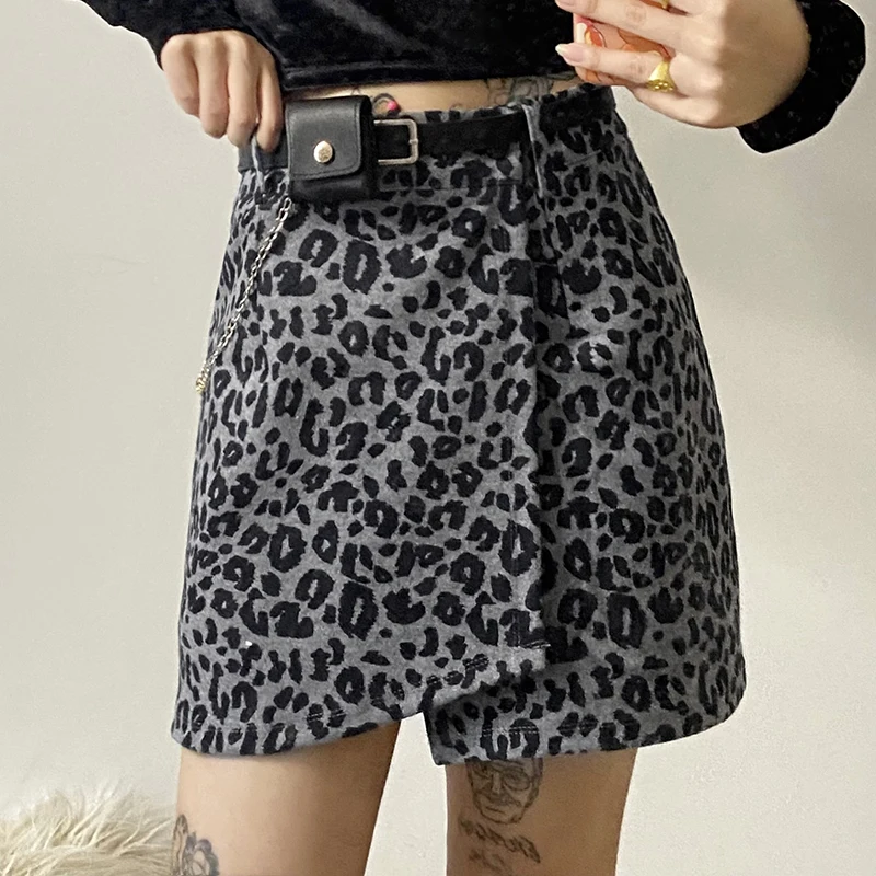 

vintage Leopard-print mini skirt high waist Irregular split sexy package hip skirts womens