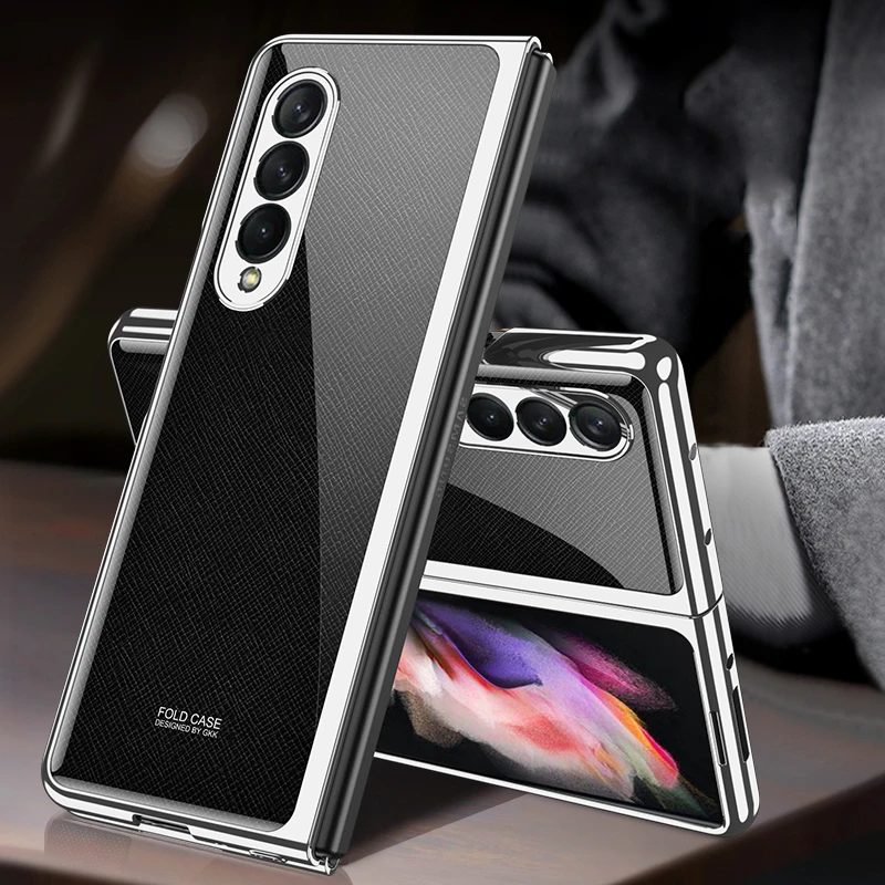mystery black pattern tempered glass case for samsung galaxy z fold 3 case plating bumper hard back cover for galaxy z fold3 5g free global shipping