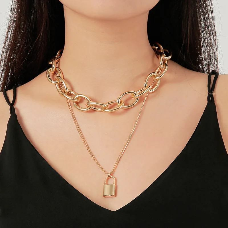 

Big Lock Link Chain Choker Necklace Women Gold Color Stainless Steel Femme Pendant Layered Necklaces Fashion Jewelry