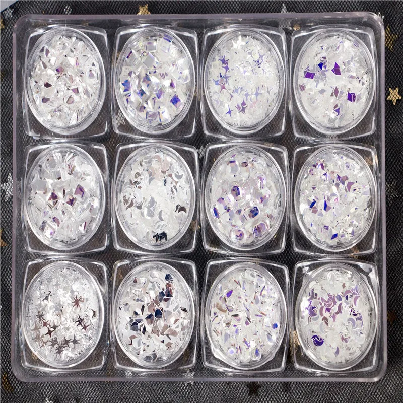 

12Pcs/Set Moon Water Drop Diamond Shaped Laser Color Glitter Powder PET Confetti Chunky Sequins DIY Manicure Nail Art Decoration