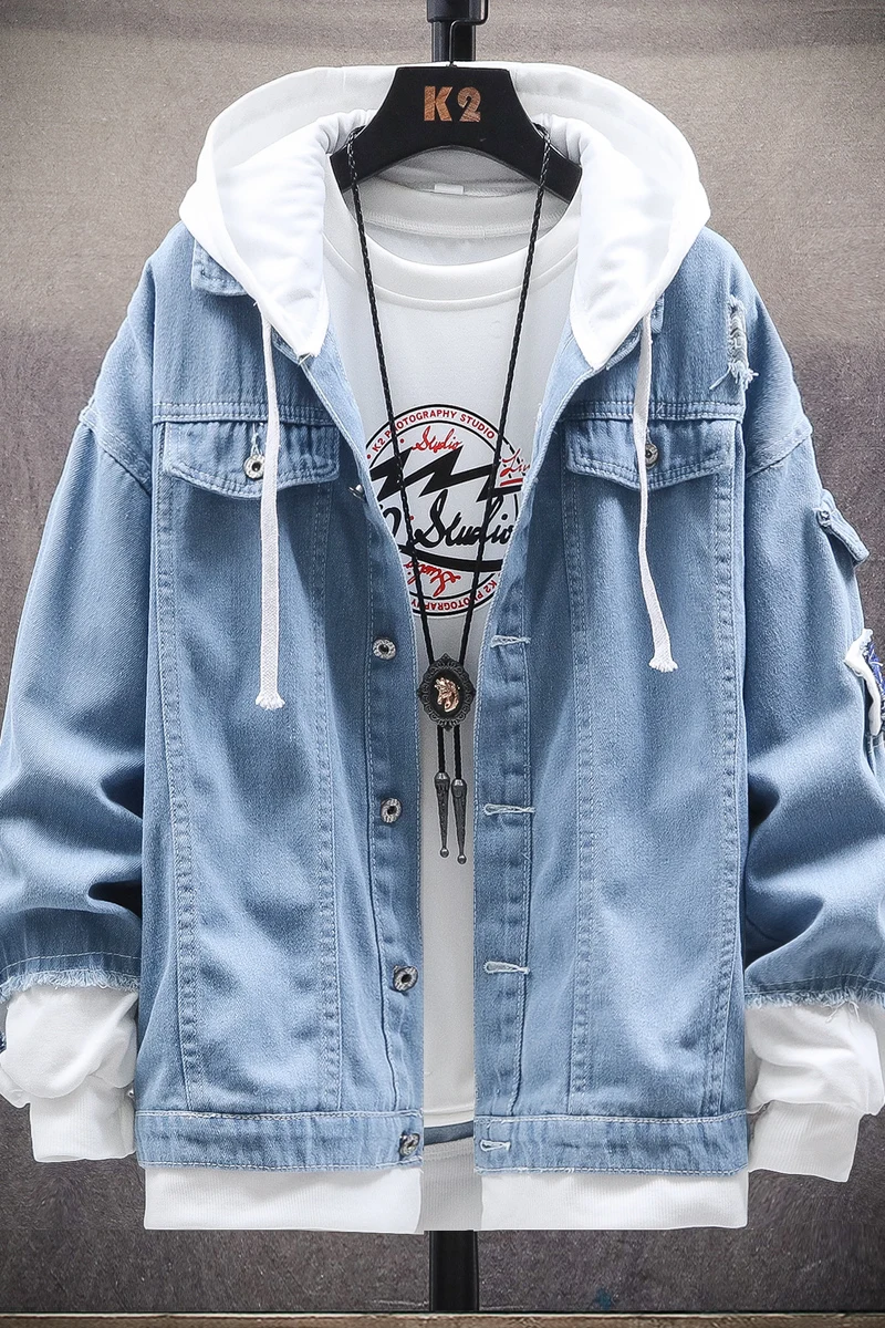 

Denim Jacket Mens Hooded Slim Fit Casual Streetwear Jean Jackets Long Sleeve Trendy Outerwear Autumn Winter Jacket Coat for Men