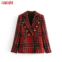 tangada women warm winter double breasted red suit jacket office ladies vintage plaid blazer pockets work wear tops 3h16