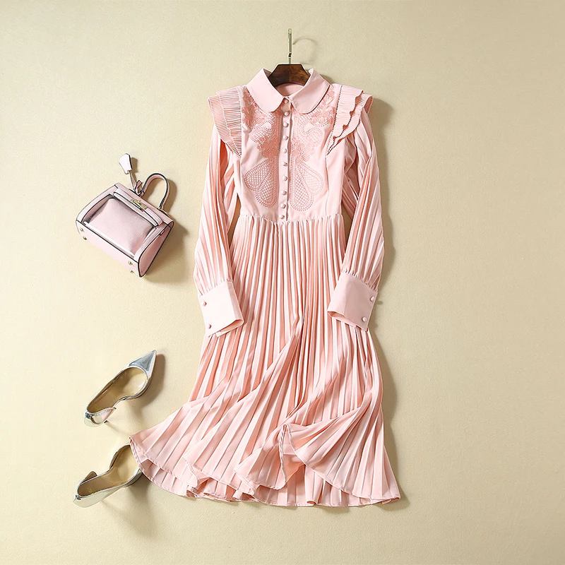 2019 осеннее розовое плиссированное платье для женщин высокое качество милое с