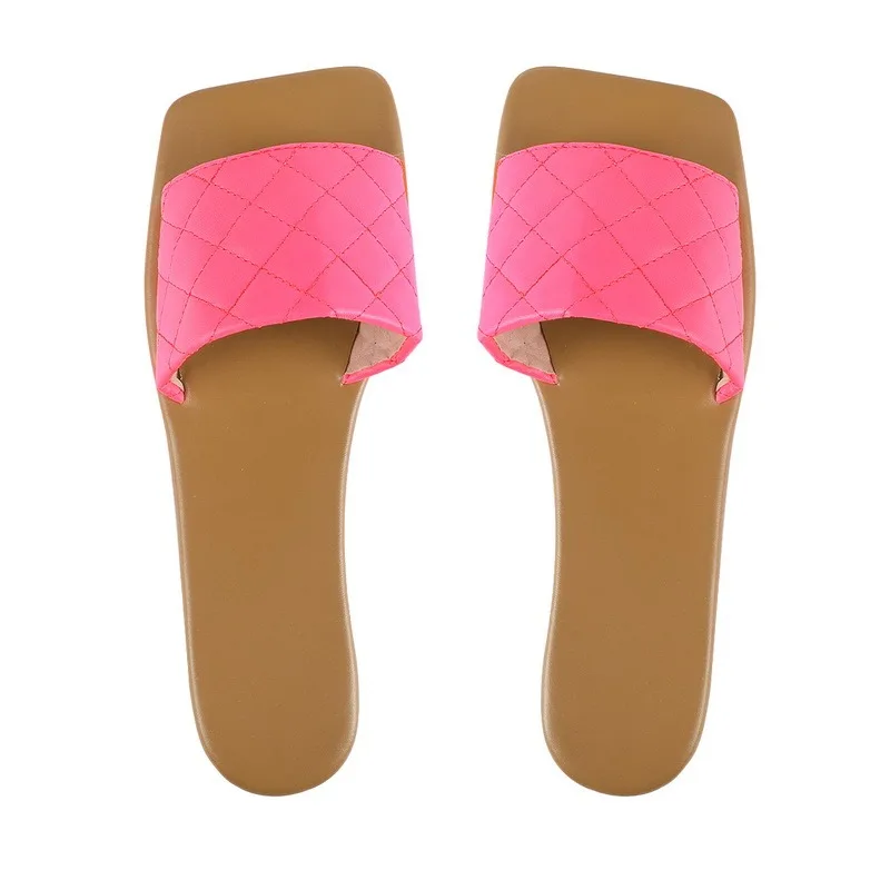 

2021Women Slippers Causal Ladies Outdoor Slides Fashion Female Lozenge PU Leather Sandals Open Toe Beach Solid Shoe Flat Sandals