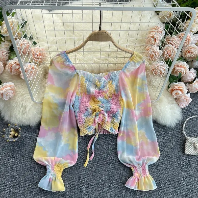 

Color Block summer crop top V Neck backless Drawstring tank top Long Lantern Sleeves Ruched