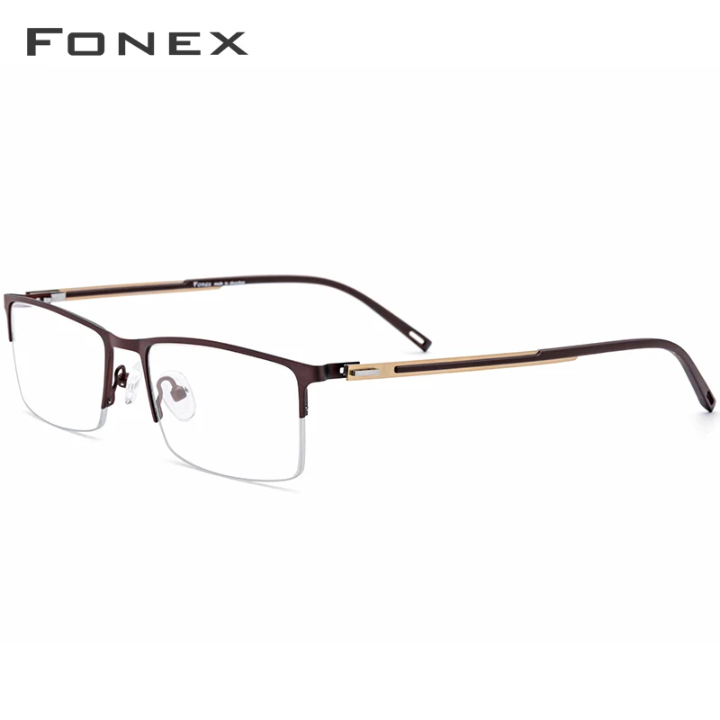 FONEX очки с оправой из сплава полуоправы полуквадратные от близорукости, по рецепту оправа для очков Мужская Новые оптические Безвинтовые очки 9858 - Цвет оправы: Коричневый