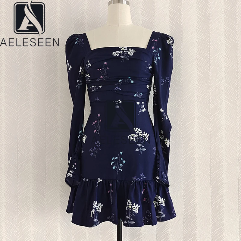 

AELESEEN модное платье-футляр 2021 дизайнерское элегантное мини-платье с длинными рукавами и квадратным воротником с цветочным принтом с драпиро...