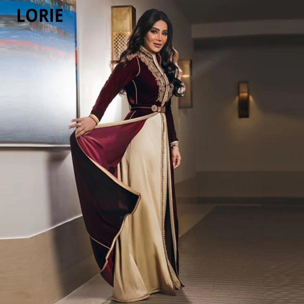 LORIE caftán marroquí Dubai encantador, vestidos de noche Burdeos de manga larga, Apliques de encaje dorado, vestidos de graduación, vestido de Arabia para fiesta (0)