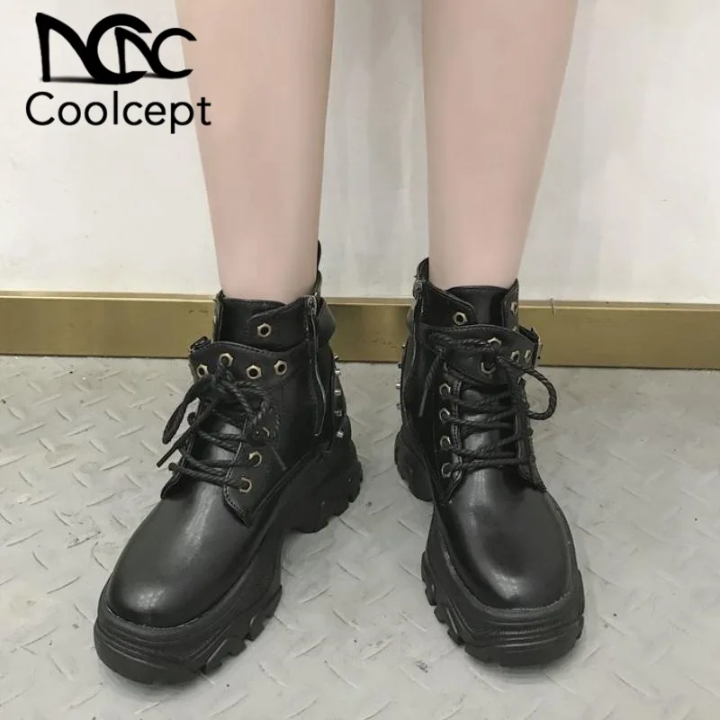 Coolcept/женские ботильоны теплая зимняя обувь с заклепками и пряжкой Модные женские