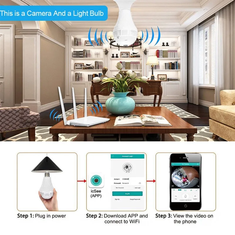 

Moresave 360 degree LED light 960P wireless panoramic home security WiFi CCTV Fisheye bulb lamp IP camera two way Audio