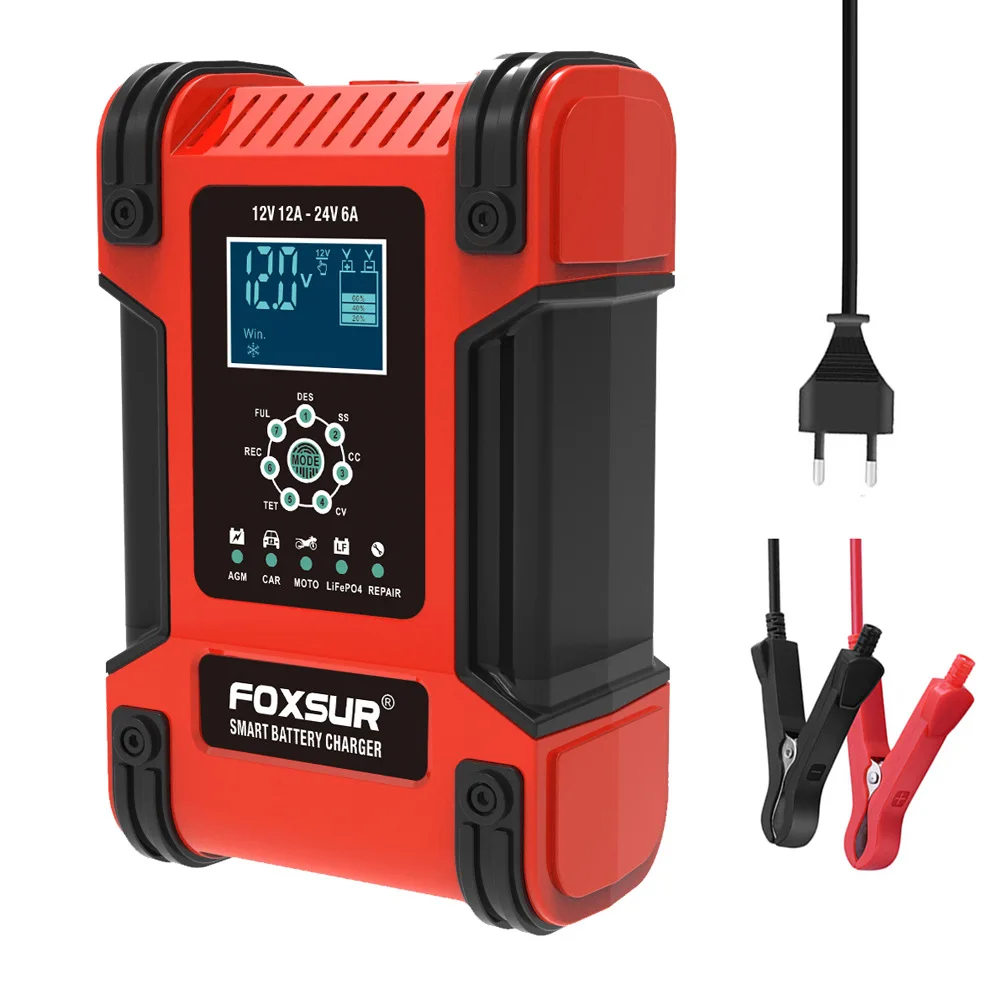 FOXSUR 12V24V 12A Automatic Car Battery Charger Pulse Repair LCD for Motorcycle Lead Acid Agm Gel | Электроника