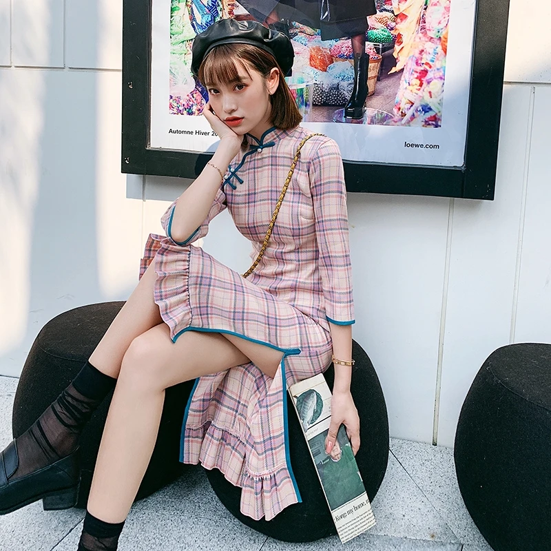 Новая улучшенная клетчатая юбка Ципао средней длины в стиле ретро | Тематическая