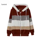 Зимняя женская куртка, модная плюшевая Лоскутная зимняя куртка с капюшоном и карманами на молнии в стиле ретро, свободная женская верхняя одежда с длинным рукавом