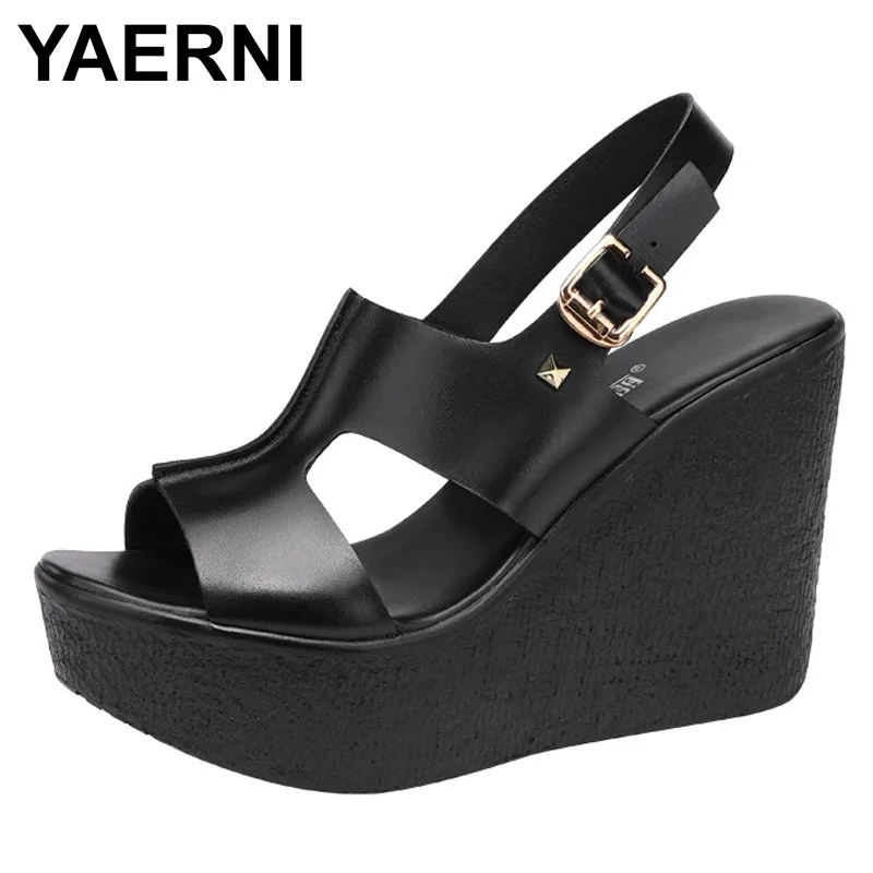 

YAERNI11cm High Heel Wedges Heel Sandals Women Summer 2021 New Thick Bottomed Platform Open Toe Black White Sandals Size 32 To43