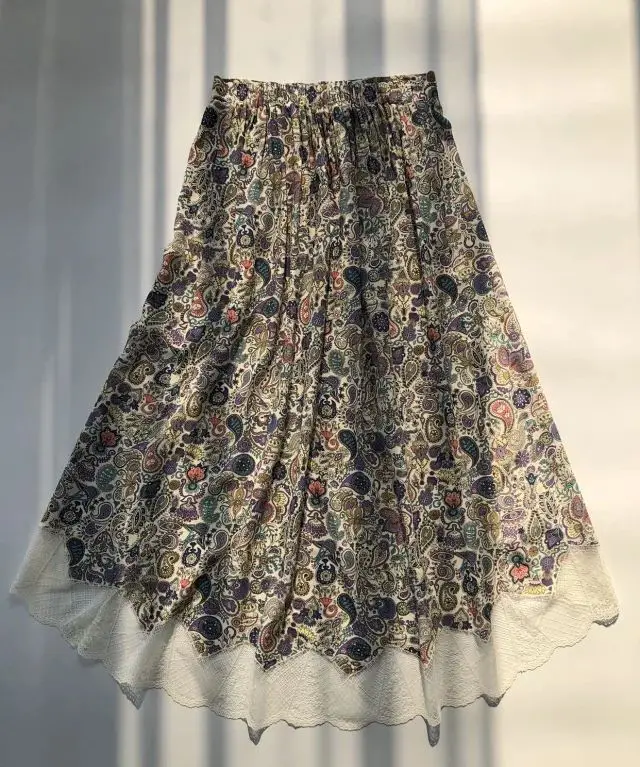 

Women Skirt Printed Skirt Light Purple Panel Lace Midi Skirt